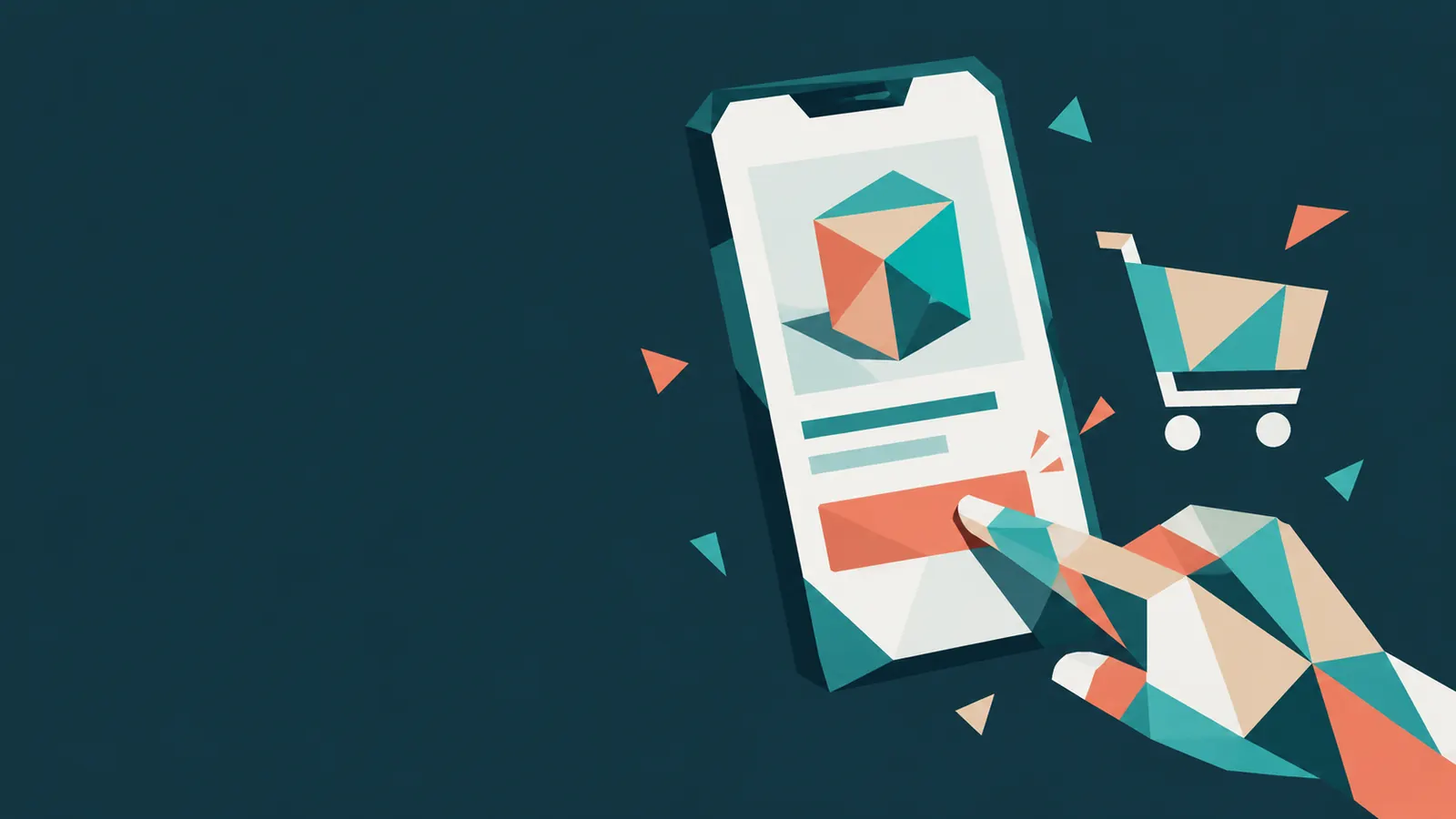 A hand tapping the button on a product page on a phone, with a shopping cart nearby, drawn in flat geometric shapes