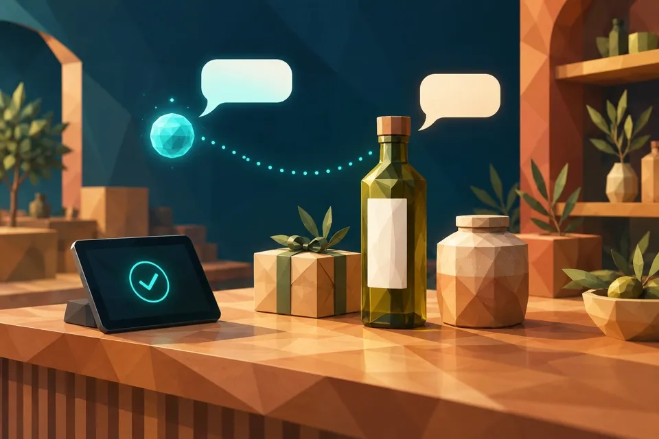 An AI assistant and a bottle of olive oil trading questions over a shop counter